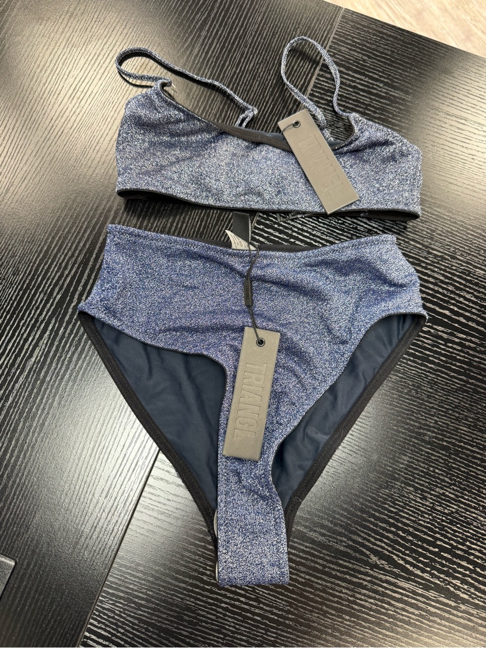 NWT triangl swimwear Shimmery Navy Blue Bralette & High Waist Bikini
